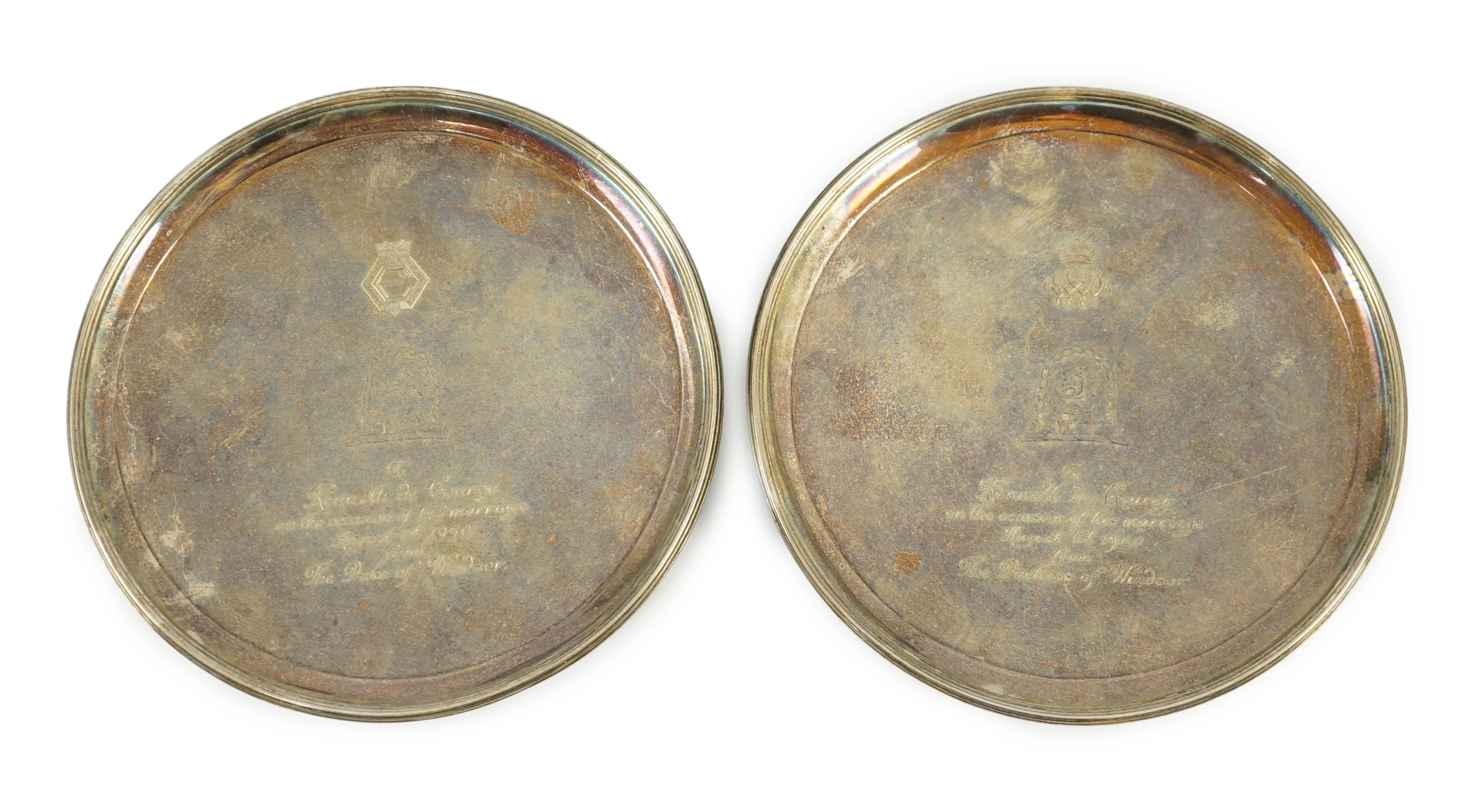A pair of George III silver waiters, by Crouch & Hannam, with later engraved Royal presentation inscription and crest, 'To Kenneth de Courcy on the occasion of his marriage August 1st 1950, from The Duke & Duchess of Win
